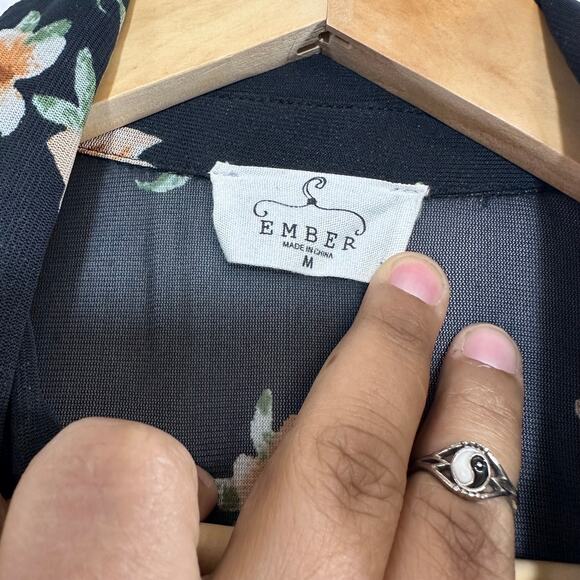 Ember Floral Ruffle Top Long Sleeve Buttoned Women's Medium V-Neck Sheer Summer - Picture 5 of 10